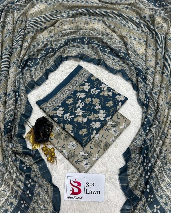 WhatsApp Image 2026-08-13 at 22.20.04 Bin Saeed Slate Blue & Gold Floral Unstitched Lawn 3 Piece Suit