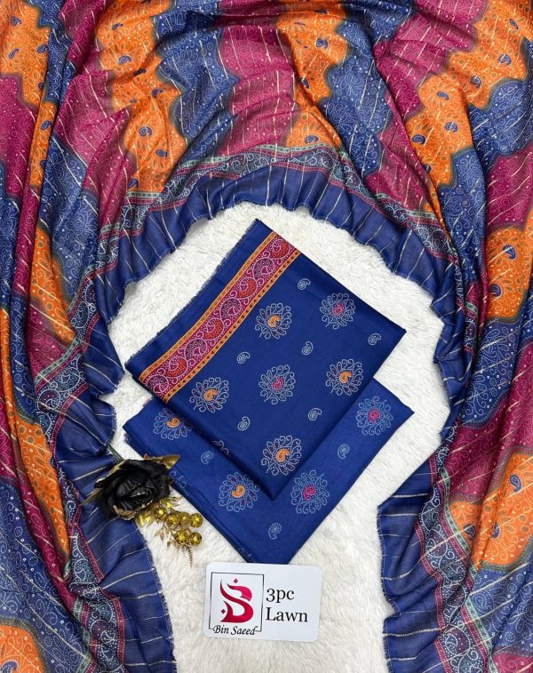 Bin Saeed Royal Blue & Orange Printed Unstitched Lawn 3 Piece Suit