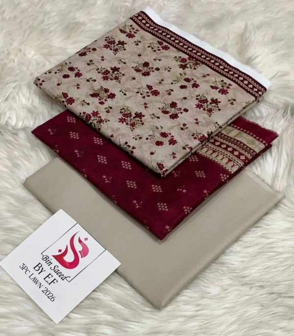 Bin Saeed Beige & Maroon Floral Unstitched Lawn 3 Piece Suit